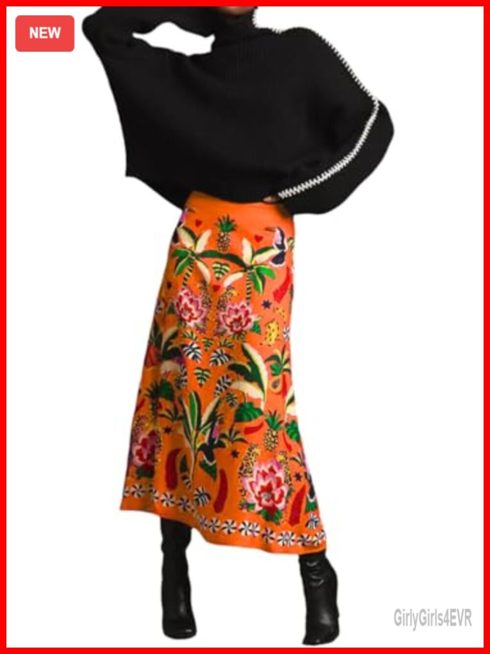 Womens Midi Skirt High Waist A-Line Zipper Tropical Plant Print